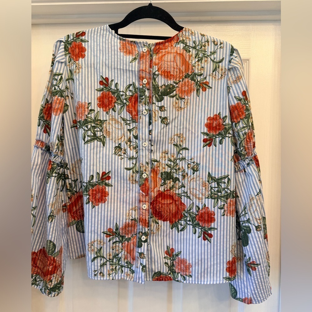 Cupio Blue and White Striped Floral Print Bell Sleeve Blouse - Size M - Picture 6 of 12